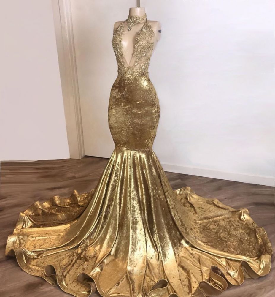 Sexy Gold Velvet Deep V-Neck Mermaid Appliques Prom Dress with Choker-BallBride