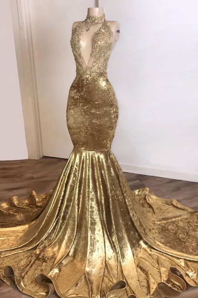 Sexy Gold Velvet Deep V-Neck Mermaid Appliques Prom Dress with Choker-BallBride