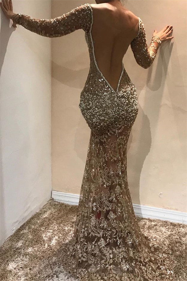 Sexy Gray Long Sleeves V-Neck Front-Split Prom Dress with Beadings-BallBride