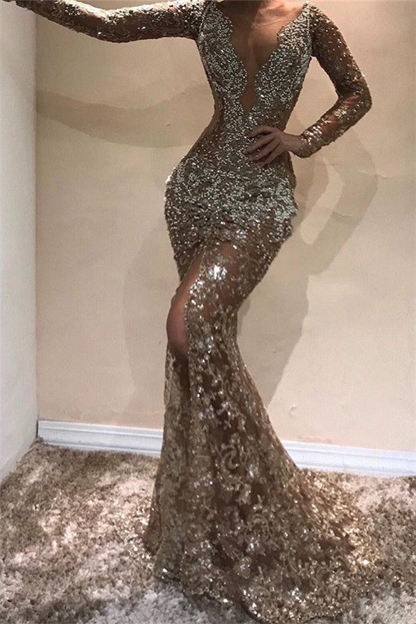 Sexy Gray Long Sleeves V-Neck Front-Split Prom Dress with Beadings-BallBride