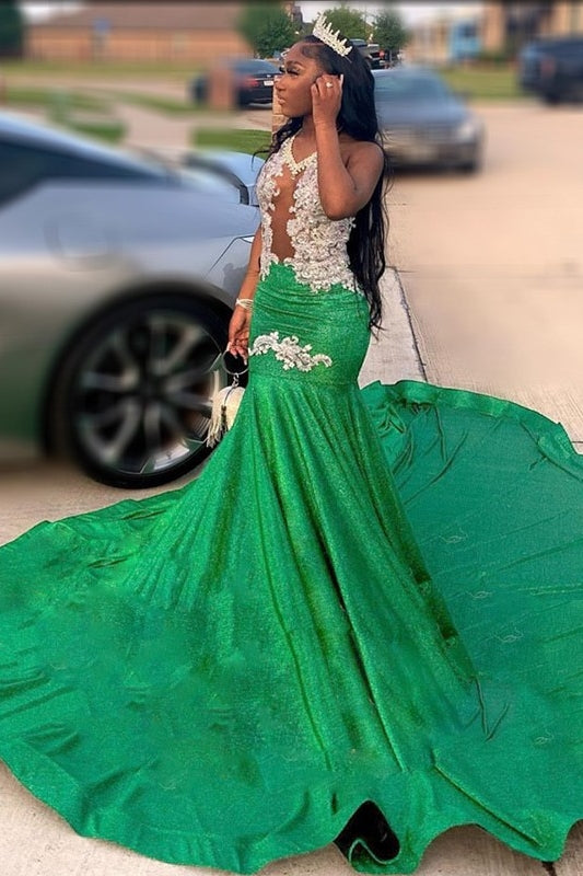 Sexy Green Mermaid Appliques Sleeveless Prom Dress with Beads-BallBride
