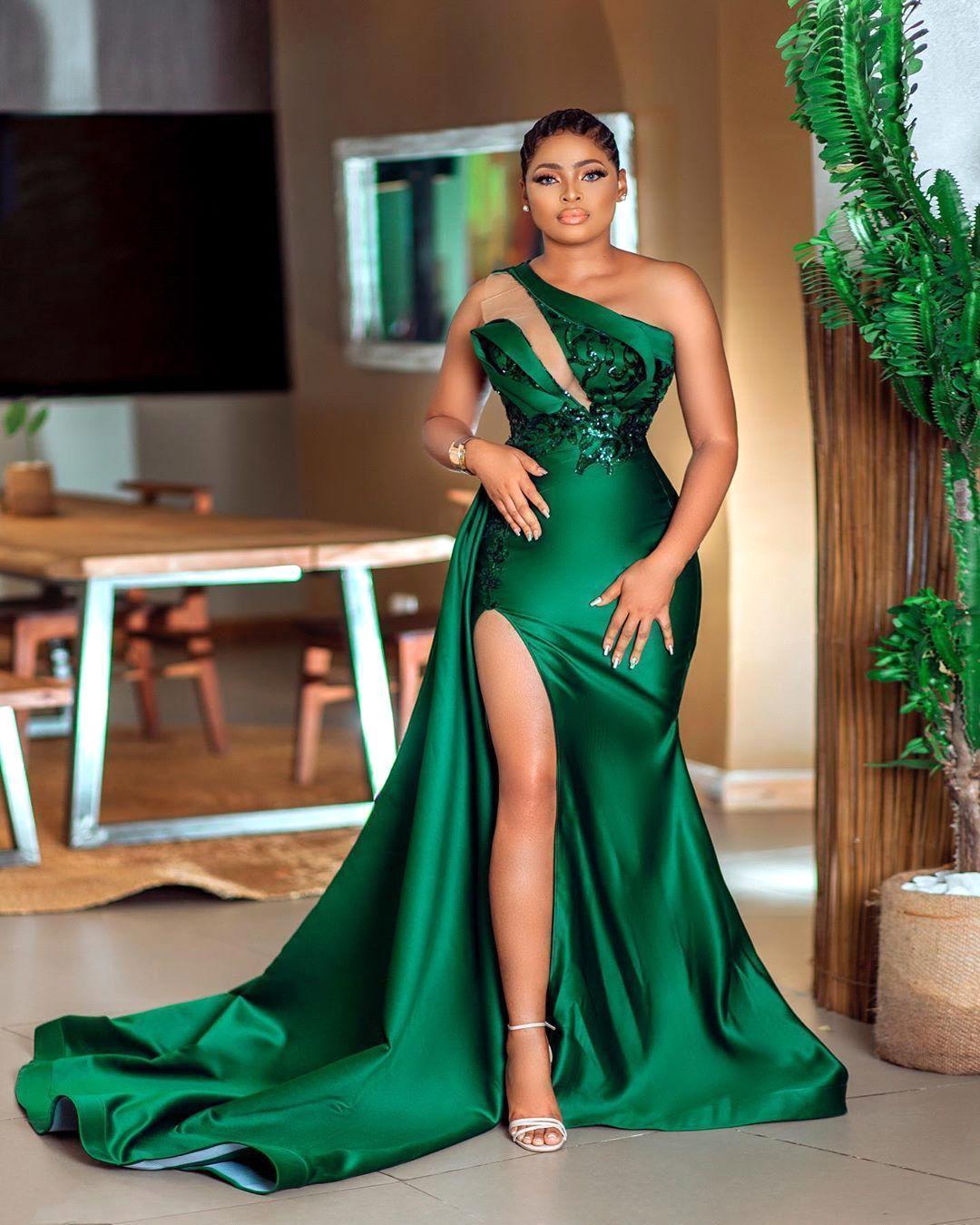 Sexy Green One-Shoulder Side Slit Appliques Mermaid Prom Dress-BallBride