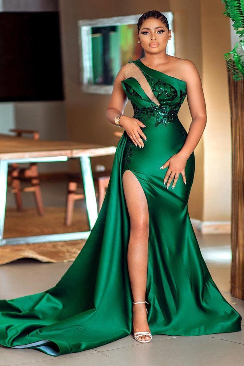 Sexy Green One-Shoulder Side Slit Appliques Mermaid Prom Dress-BallBride