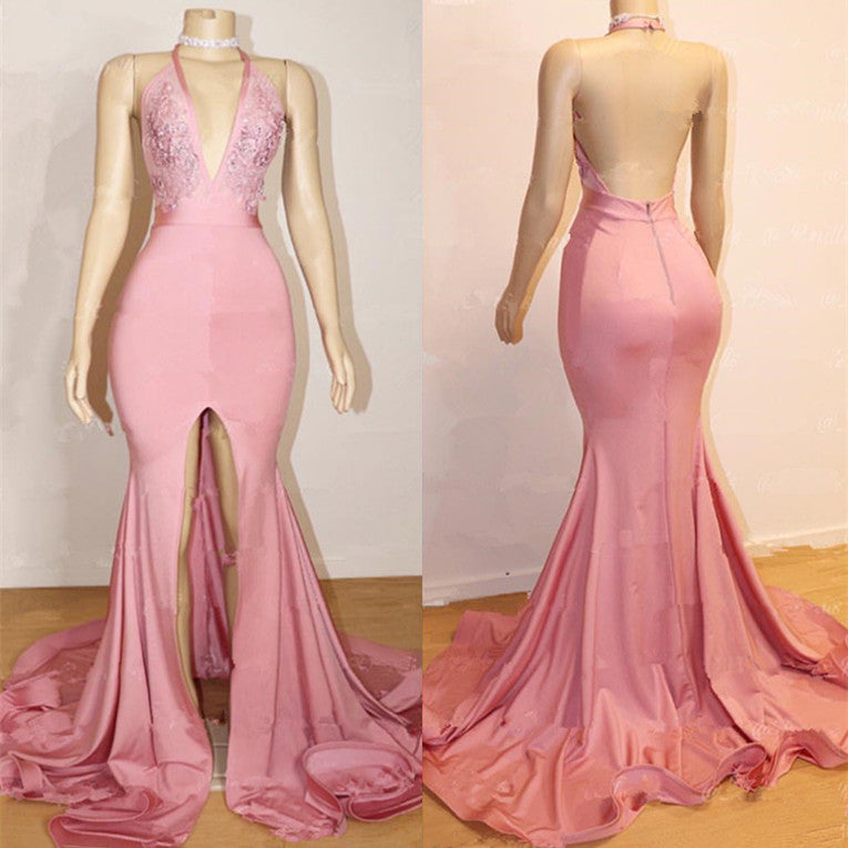 Sexy Halter Backless Front Split Mermaid Bespoke Prom Dress-BallBride