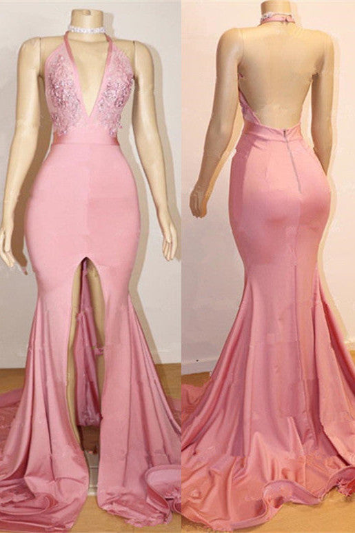 Sexy Halter Backless Front Split Mermaid Bespoke Prom Dress-BallBride