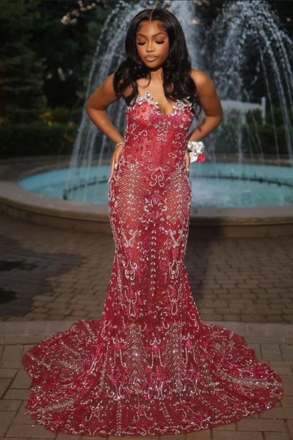 Sexy Hot Red Tulle Crystal Mermaid Sweetheart Prom Dress-BallBride