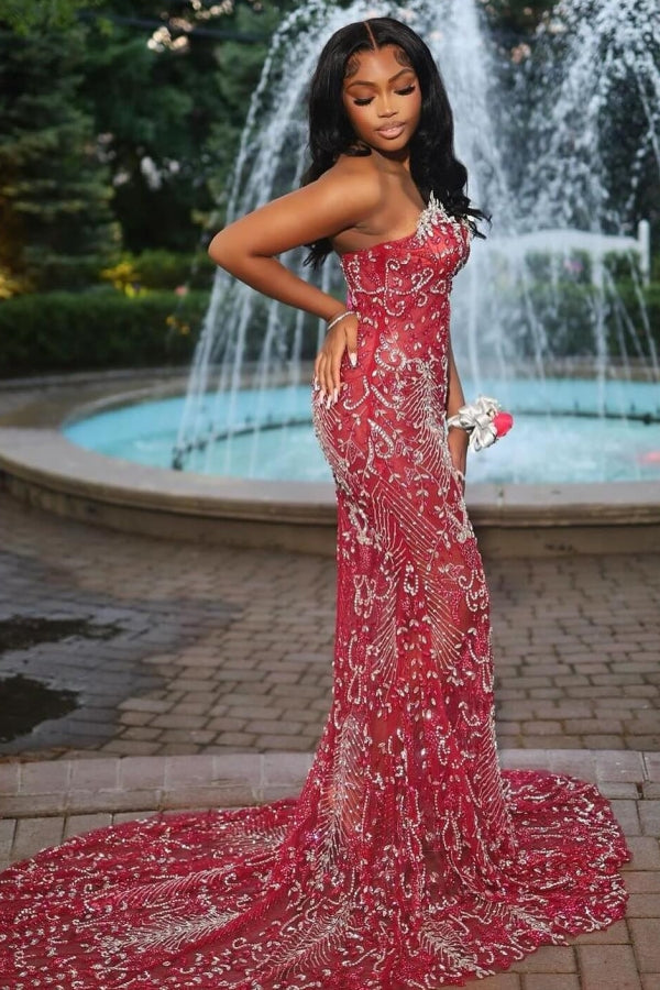 Sexy Hot Red Tulle Crystal Mermaid Sweetheart Prom Dress-BallBride