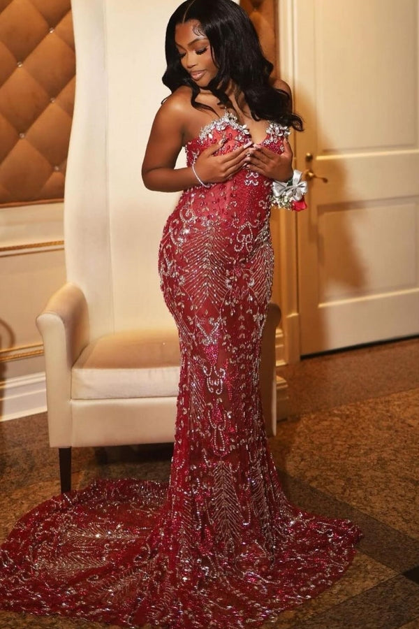 Sexy Hot Red Tulle Crystal Mermaid Sweetheart Prom Dress-BallBride