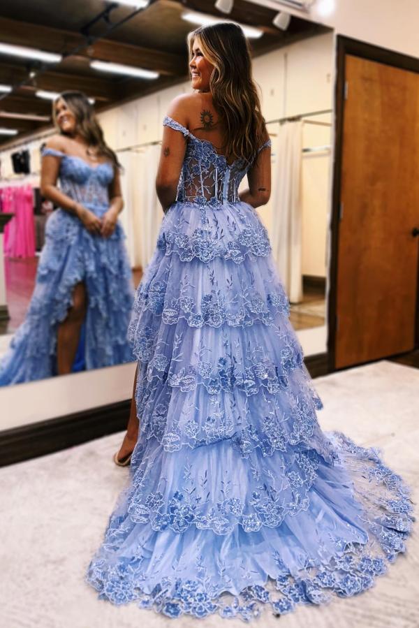 Sexy Long A-line V-Neck Off-The-Shoulder Tulle Lace Prom Dresses with Slit-BallBride
