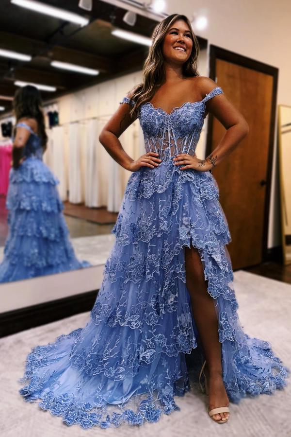 Sexy Long A-line V-Neck Off-The-Shoulder Tulle Lace Prom Dresses with Slit-BallBride