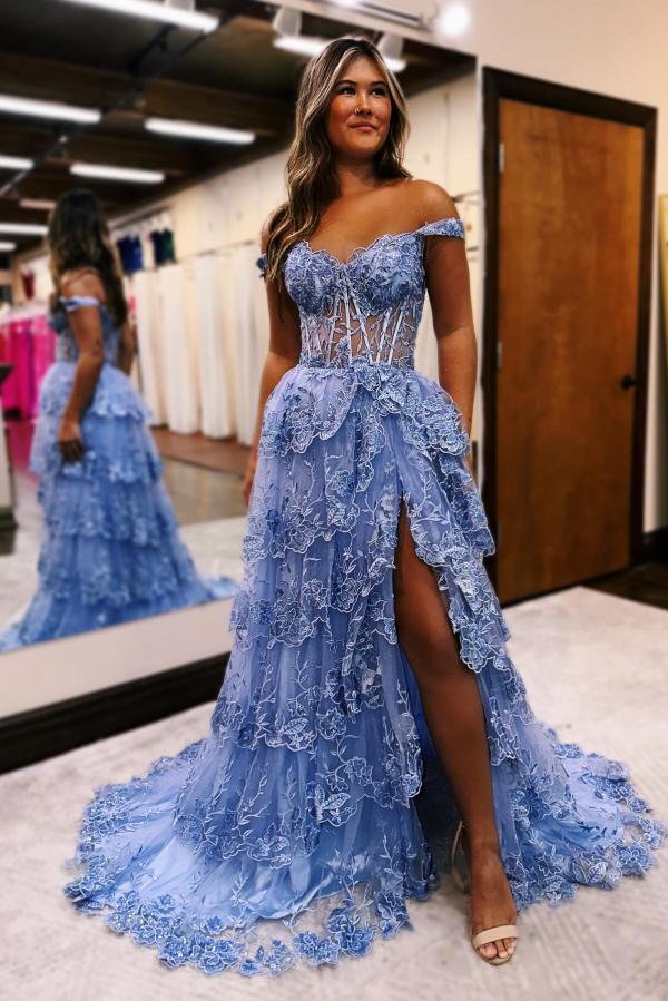 Sexy Long A-line V-Neck Off-The-Shoulder Tulle Lace Prom Dresses with Slit-BallBride