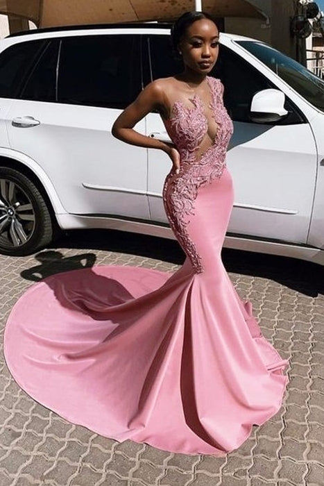 Sexy Mermaid Appliques Mermaid Sheer Tulle Sleeveless Prom Dresses-BallBride