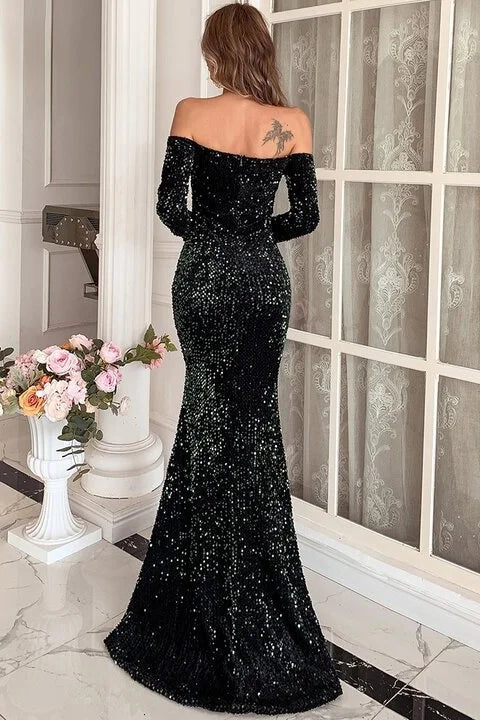 Sexy Off the Shoulder Sequin Evening Party Dress Long Sleeves-BallBride