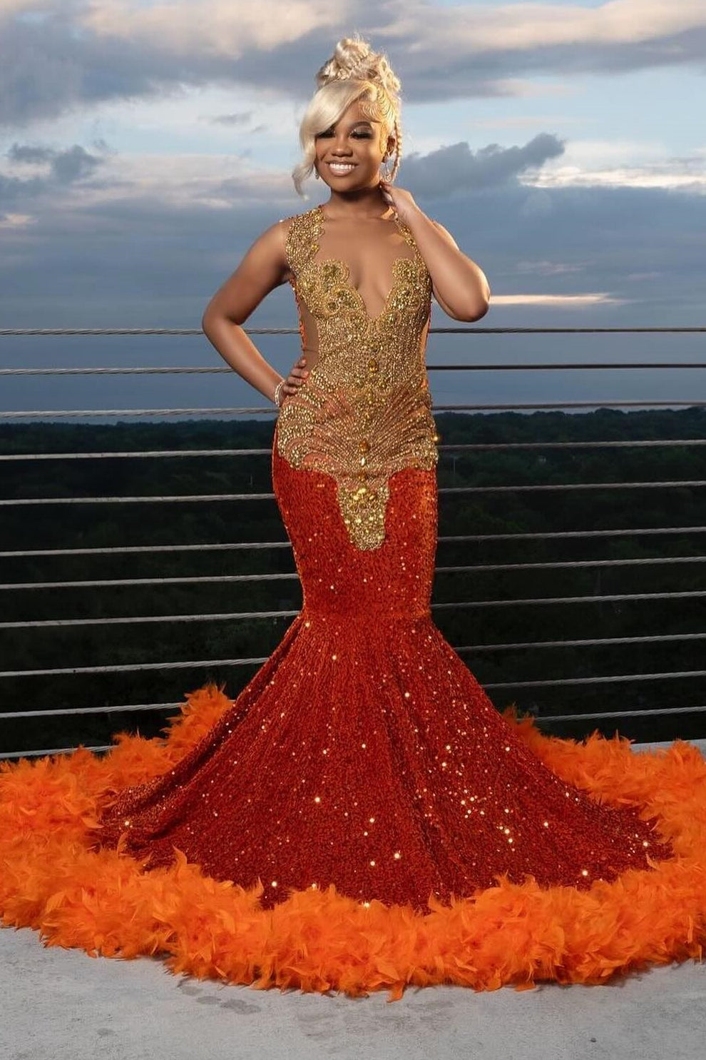 Sexy Orange Sequins Crystal Mermaid Prom Dress with Fur-BallBride