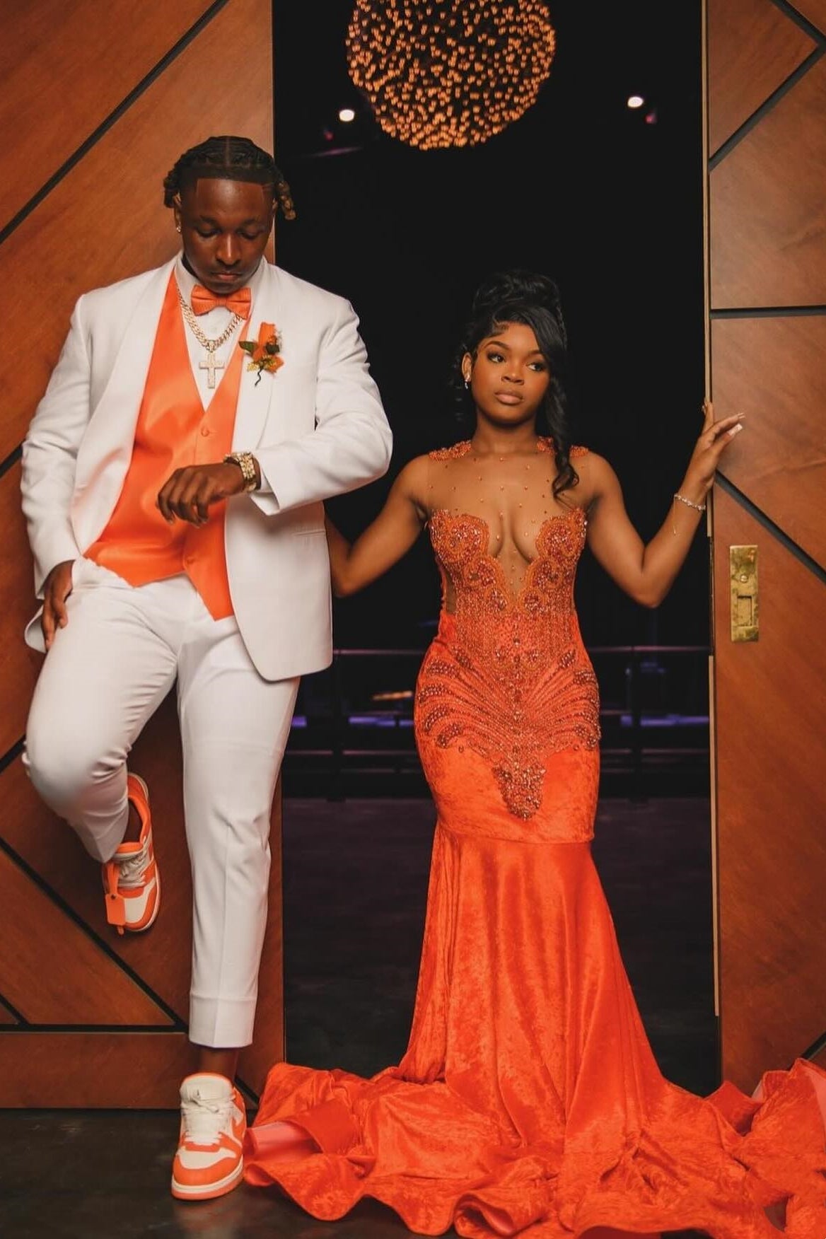 Sexy Orange Sleeveless Mermaid Crystal Glamorous Prom Dress-BallBride