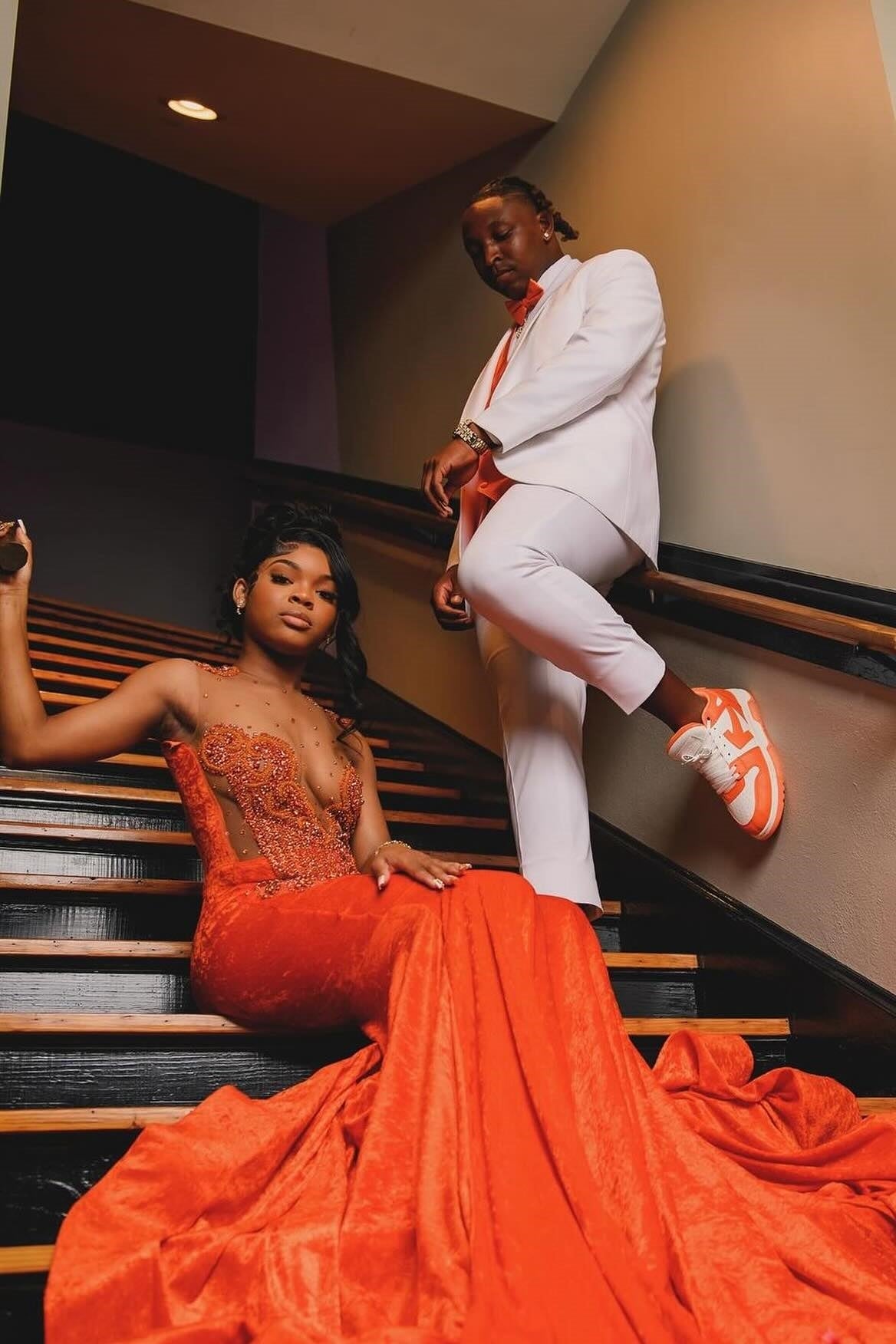 Sexy Orange Sleeveless Mermaid Crystal Glamorous Prom Dress-BallBride