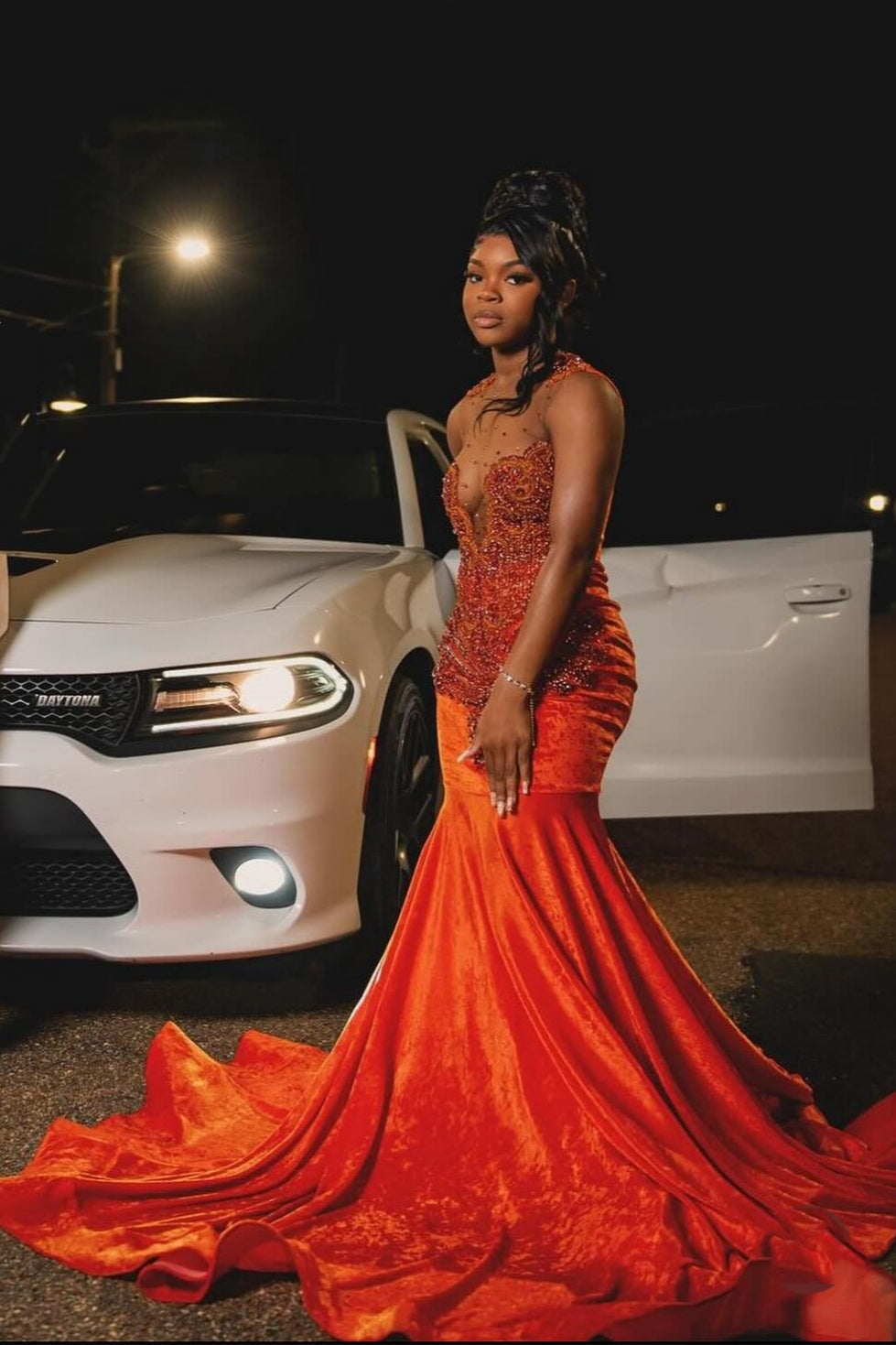 Sexy Orange Sleeveless Mermaid Crystal Glamorous Prom Dress-BallBride