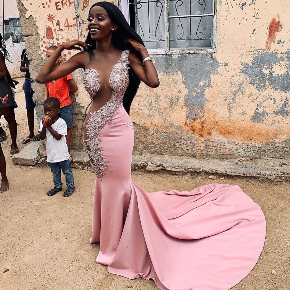 Sexy Pink Sleeveless Appliques Mermaid Sheer Tulle Prom Dress-BallBride