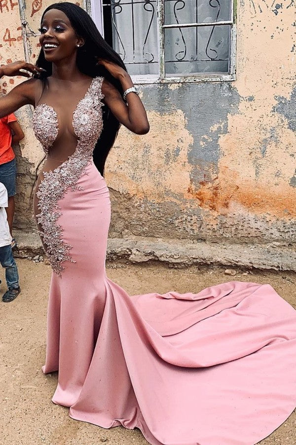 Sexy Pink Sleeveless Appliques Mermaid Sheer Tulle Prom Dress-BallBride