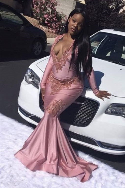 Sexy Pink V-Neck Mermaid Appliques Long Sleeves Prom Dress-BallBride