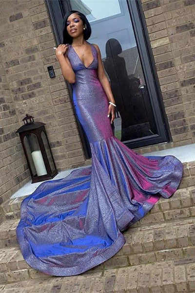 Sexy Purple Deep V-Neck Halter Sequins Mermaid Prom Dress-BallBride