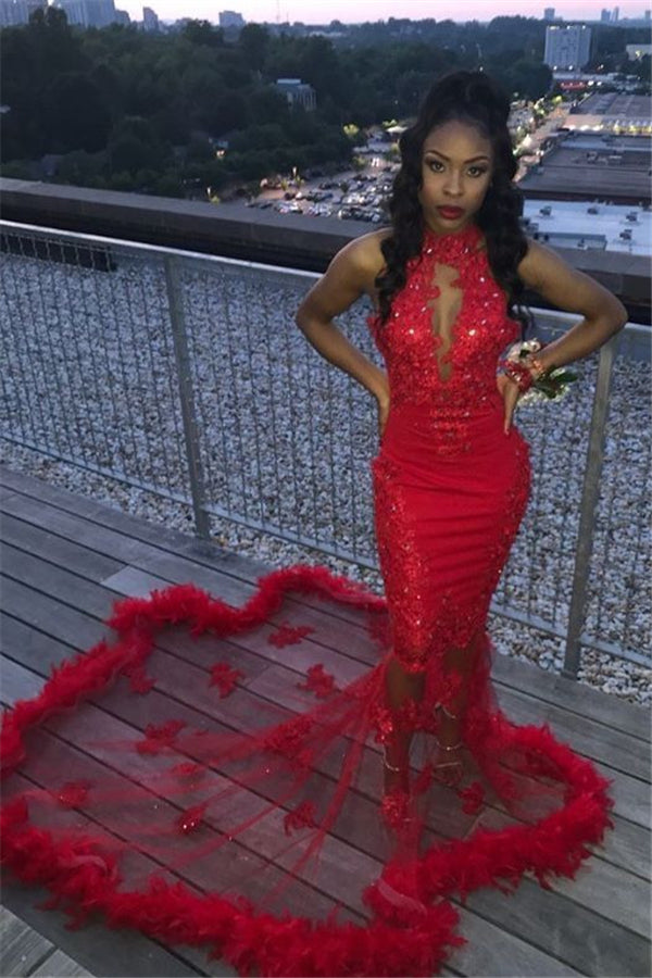 Sexy Red High Neck Appliques Sleeveless Prom Dress with Fur-BallBride