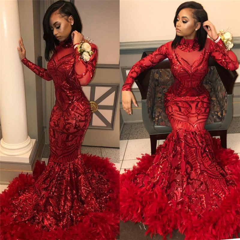 Sexy Red Long Sleeve Sequins High Neck Prom Dress with Fur-BallBride