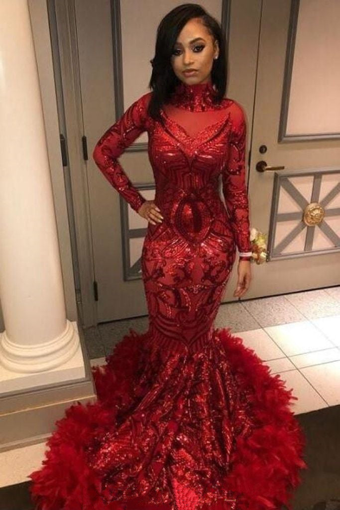 Sexy Red Long Sleeve Sequins High Neck Prom Dress with Fur-BallBride