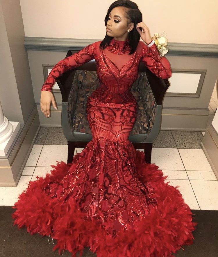 Sexy Red Long Sleeve Sequins High Neck Prom Dress with Fur-BallBride