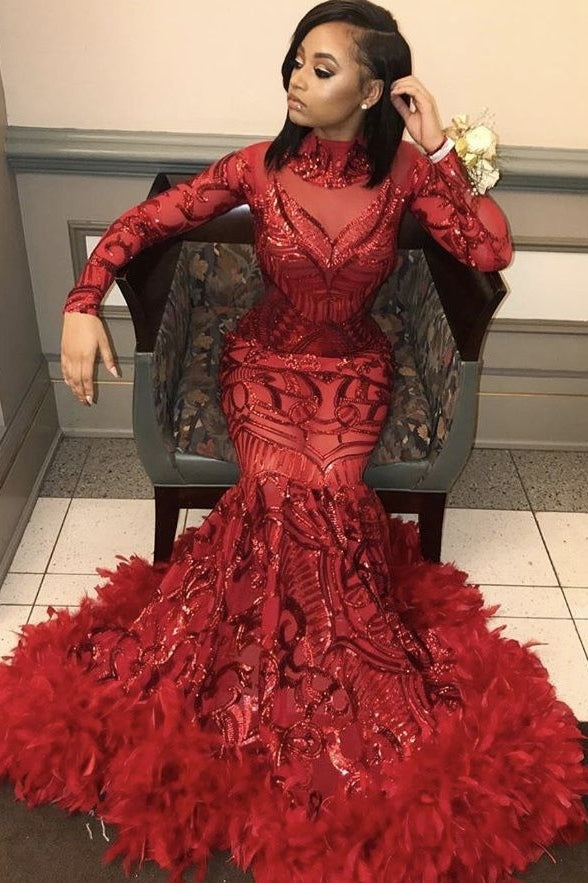 Sexy Red Long Sleeve Sequins High Neck Prom Dress with Fur-BallBride