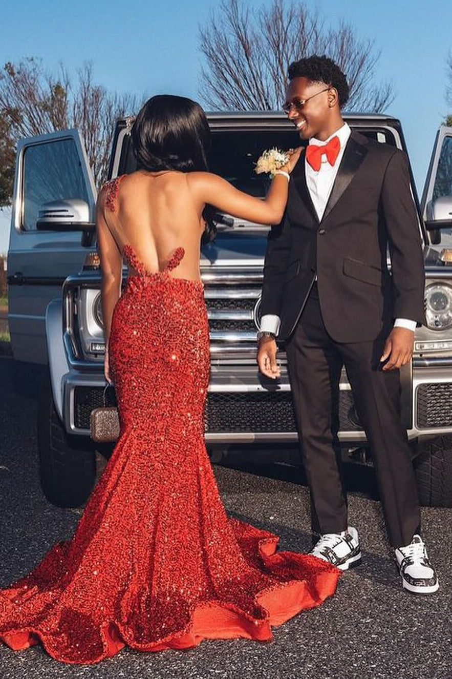 Sexy Red Mermaid Sequins Appliques Open Back Prom Dress-BallBride