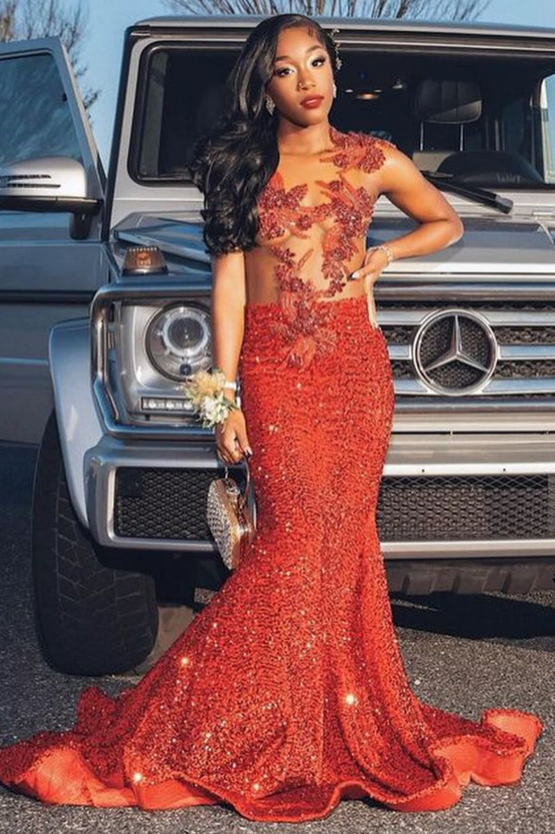 Sexy Red Mermaid Sequins Appliques Open Back Prom Dress-BallBride