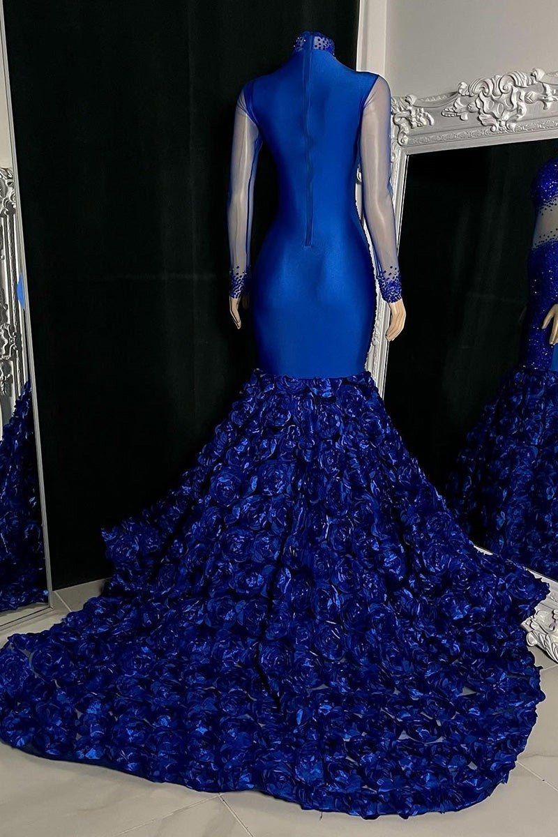 Sexy Royal Blue Long Sleeves High Neck Beading Prom Dress-BallBride