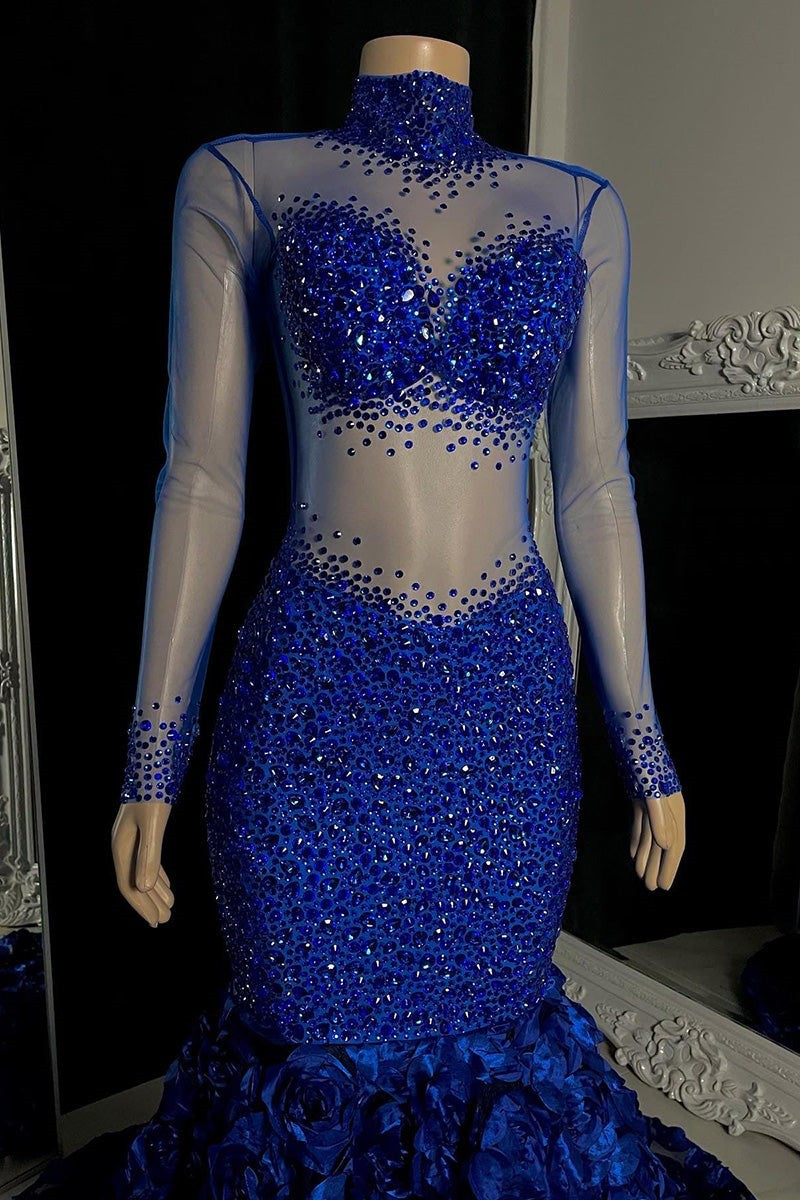 Sexy Royal Blue Long Sleeves High Neck Beading Prom Dress-BallBride