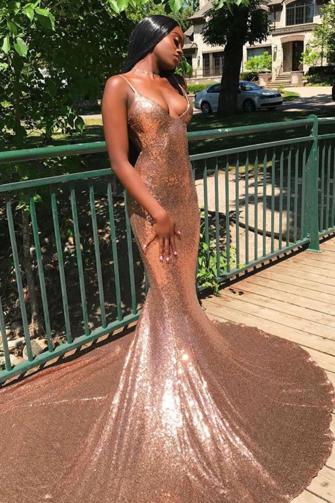 Sexy Sequins Spaghetti Straps Mermaid Simple Prom Dress-BallBride