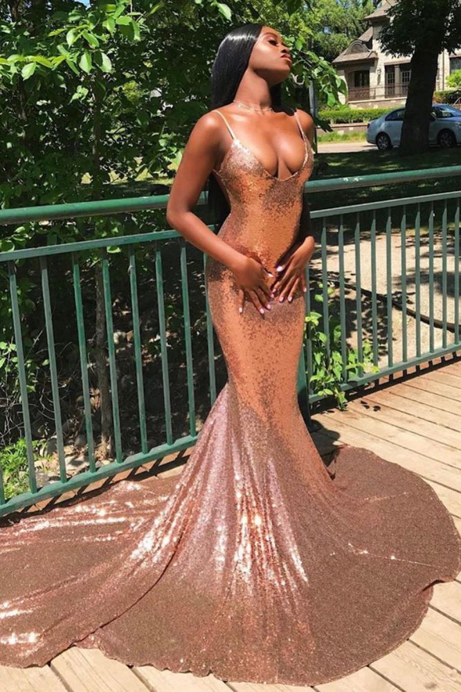 Sexy Sequins Spaghetti Straps Mermaid Simple Prom Dress-BallBride