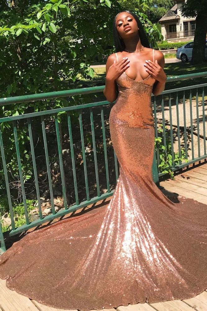 Sexy Sequins Spaghetti Straps Mermaid Simple Prom Dress-BallBride