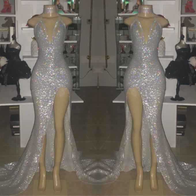 Sexy Sequins V-Neck Sheath Front Slit Prom Dress-BallBride