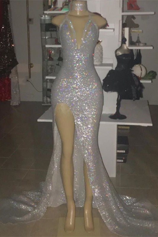 Sexy Sequins V-Neck Sheath Front Slit Prom Dress-BallBride