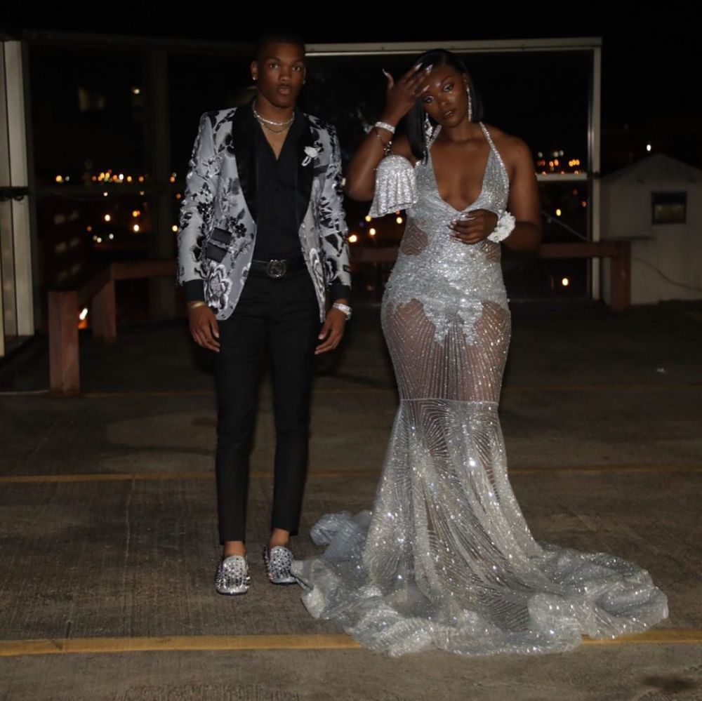 Sexy Silver Mermaid Lace Halter Appliques Prom Dress-BallBride