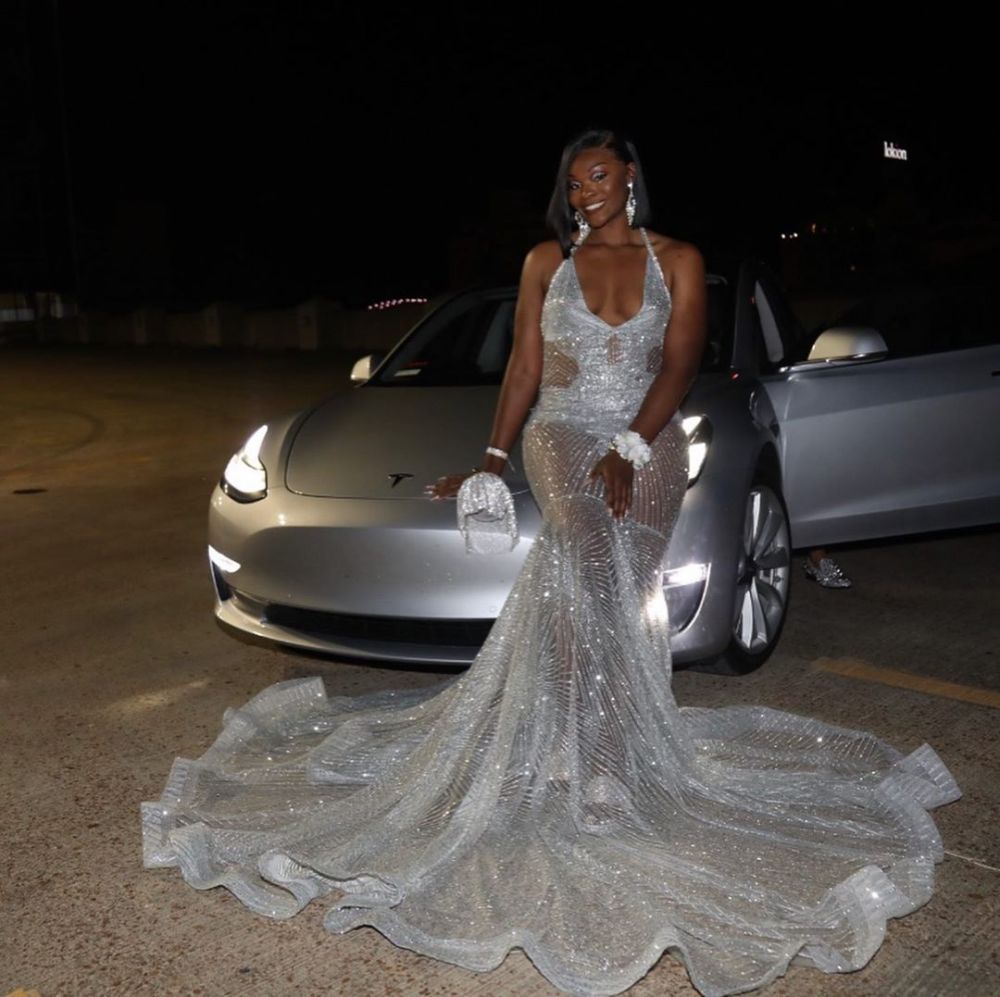 Sexy Silver Mermaid Lace Halter Appliques Prom Dress-BallBride