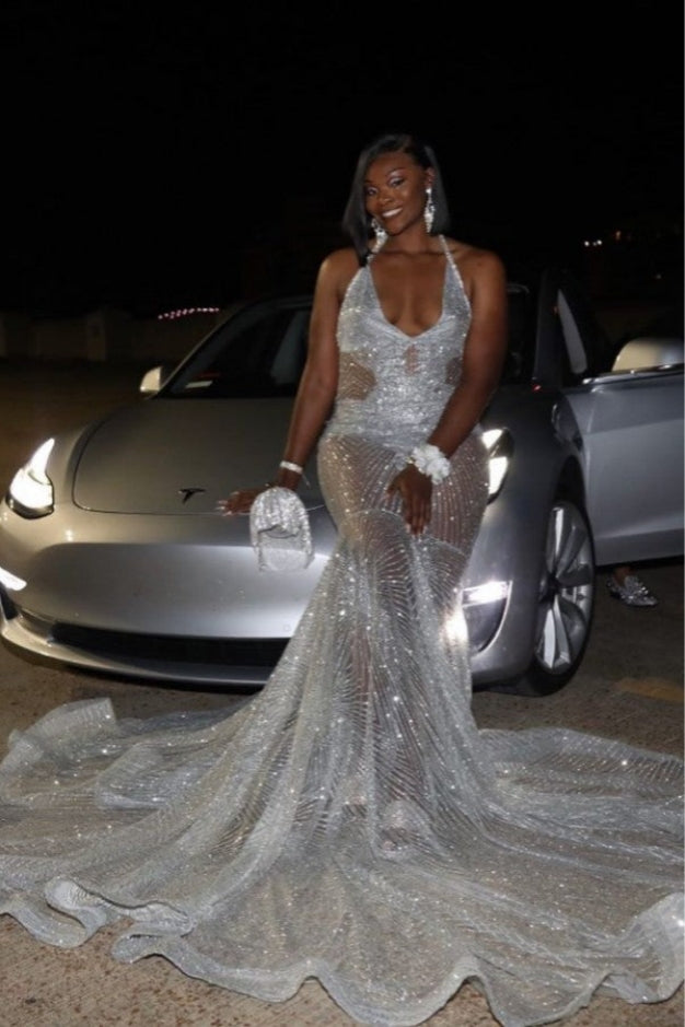 Sexy Silver Mermaid Lace Halter Appliques Prom Dress-BallBride