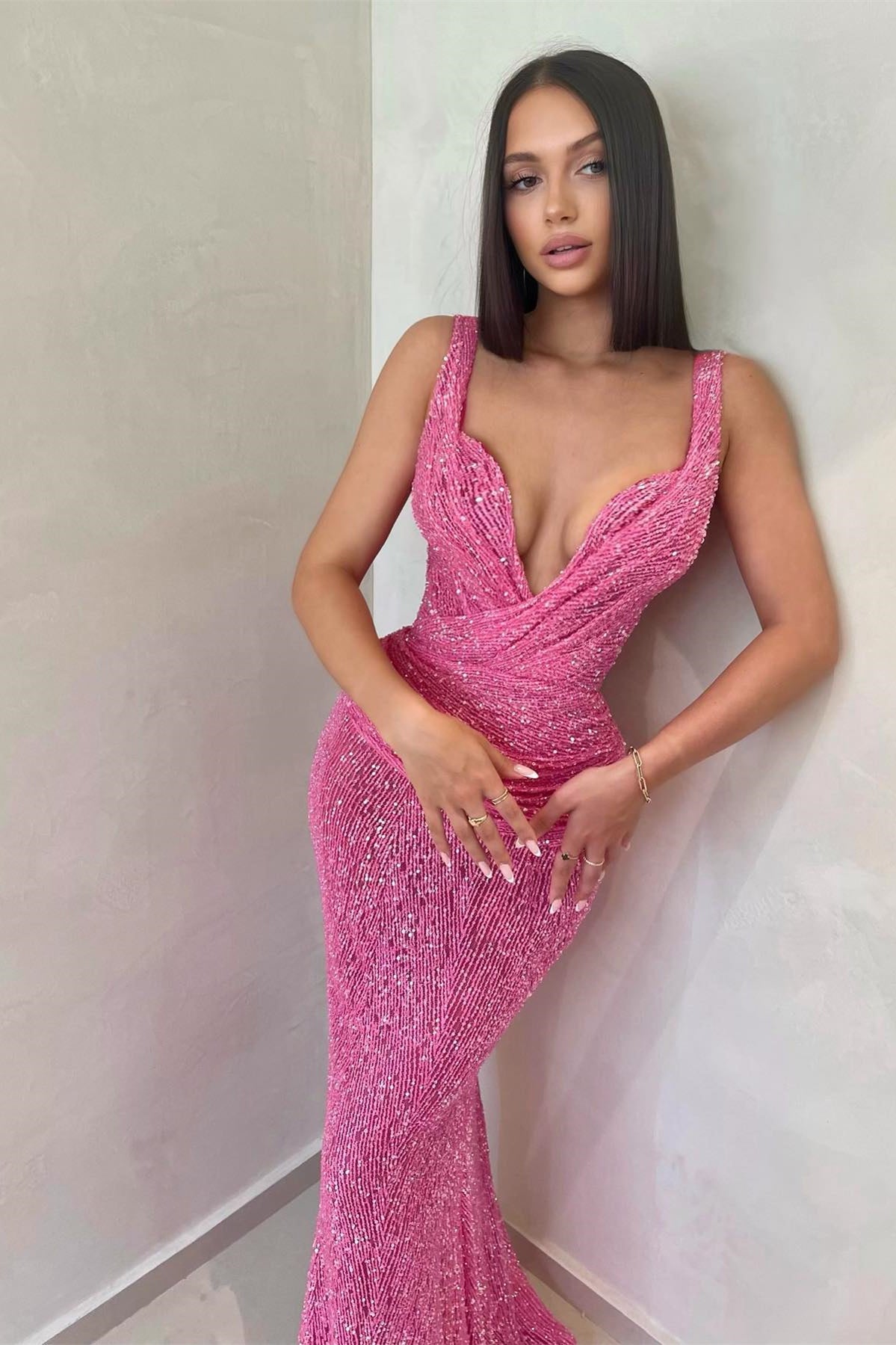 Sexy Spaghetti Straps Deep V-Neck Pink Prom Dress with Seqins-BallBride