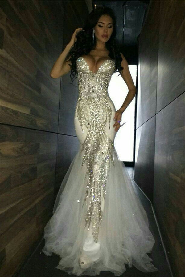 Sexy Sweetheart Mermaid Crystal Tulle Floor-Length Prom Dress-BallBride