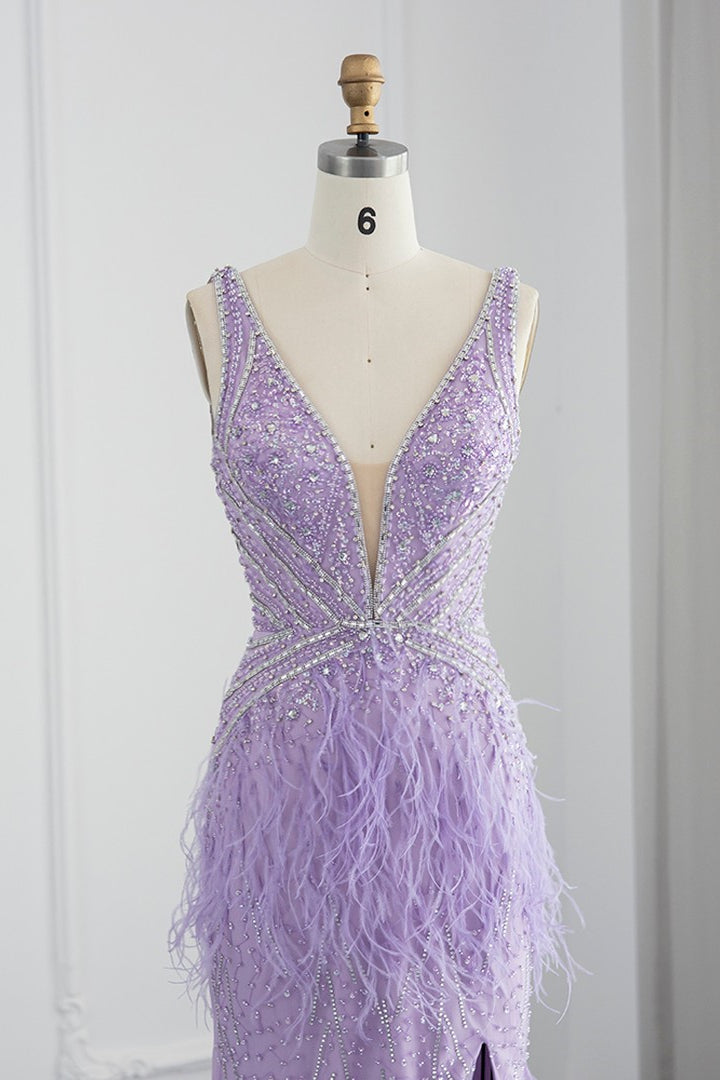 Sexy V-Neck Mermaid Evening Dress Sheath with Feathers Open Back-BallBride