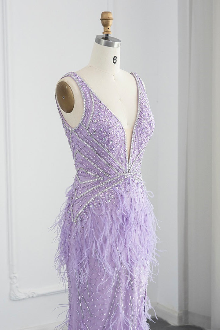 Sexy V-Neck Mermaid Evening Dress Sheath with Feathers Open Back-BallBride