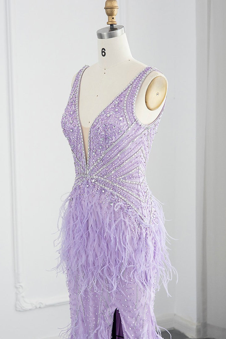 Sexy V-Neck Mermaid Evening Dress Sheath with Feathers Open Back-BallBride