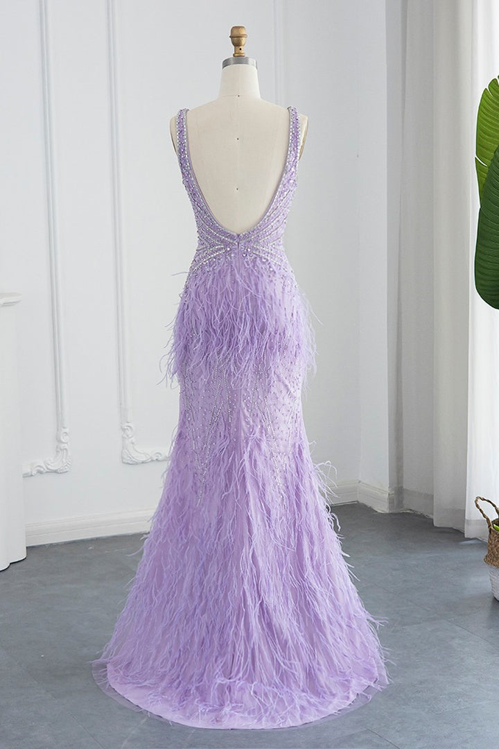 Sexy V-Neck Mermaid Evening Dress Sheath with Feathers Open Back-BallBride