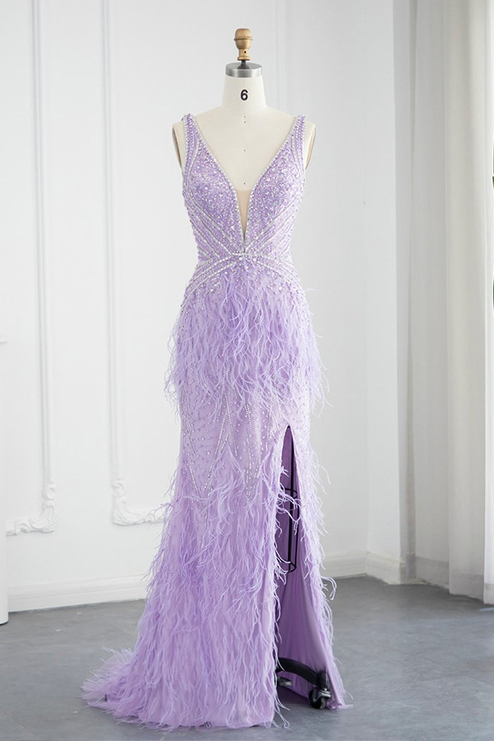 Sexy V-Neck Mermaid Evening Dress Sheath with Feathers Open Back-BallBride