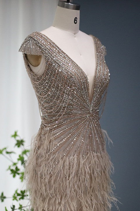 Sexy V Neck Mermaid Evening Dress With Diamond Feathers-BallBride